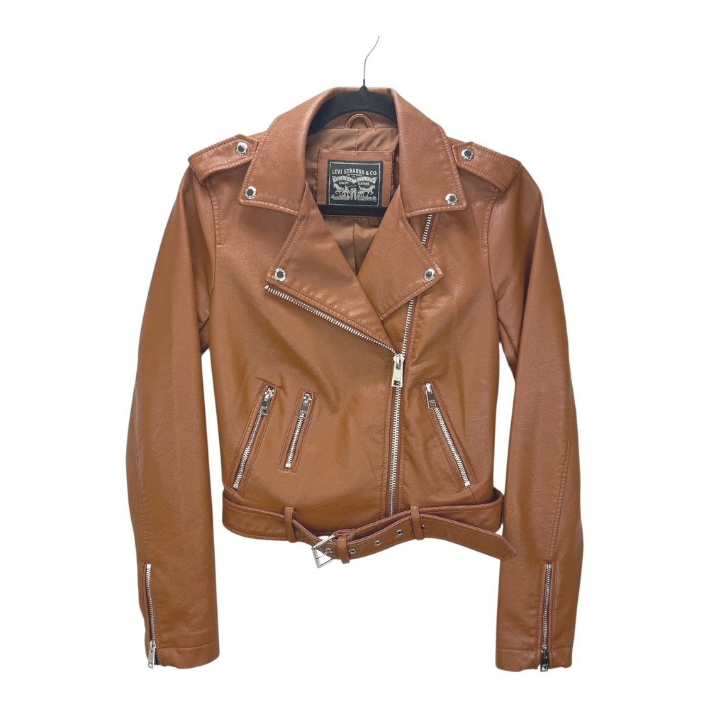 Levi Strauss‎ Co Faux Leather Moto Jacket Brown Womens XS Belted Zip Pockets
